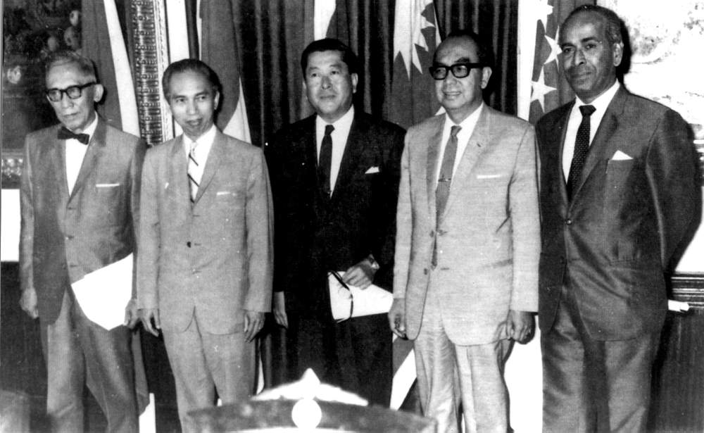 The founding fathers of Asean, from left, Philippine foreign affairs secretary Narciso Ramos, Indonesian foreign minister Adam Malik, Thai foreign minister Thanat Khoman, Malaysian deputy prime minister Tun Abdul Razak and Singaporean foreign minister S Rajaratnam