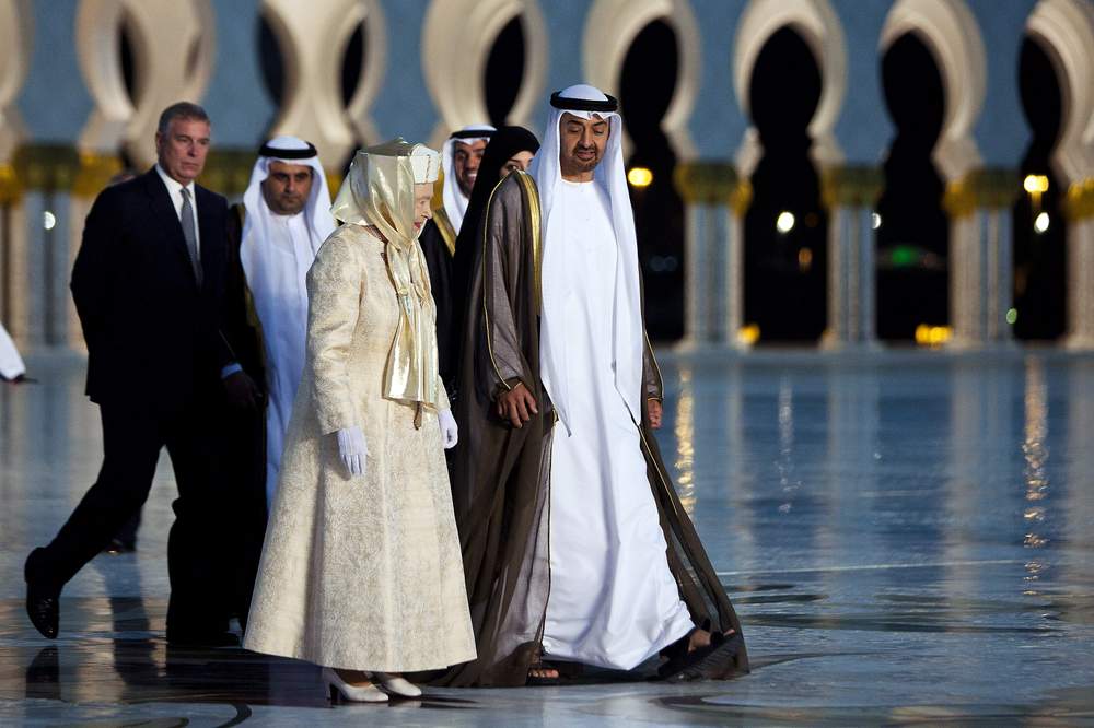 Sheikh Mohammed bin Zayed, Crown Prince of Abu Dhabi and Deputy Supreme Commander of the Armed Forces, with Britain&#39;s Queen Elizabeth and Prince Andrew at the mosque in 2010.Photo by Andrew Henderson \/ The National