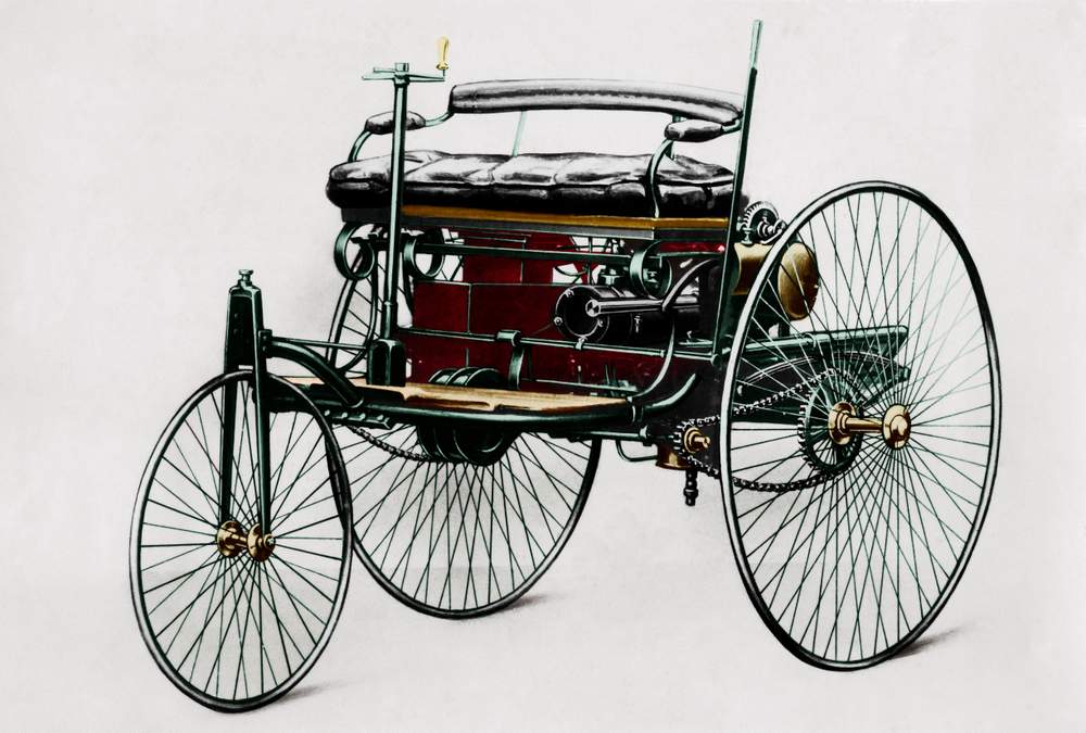 The Benz Patent-Motorwagen, 1885 - the first combustion motorcar. 
Photo: Getty Images