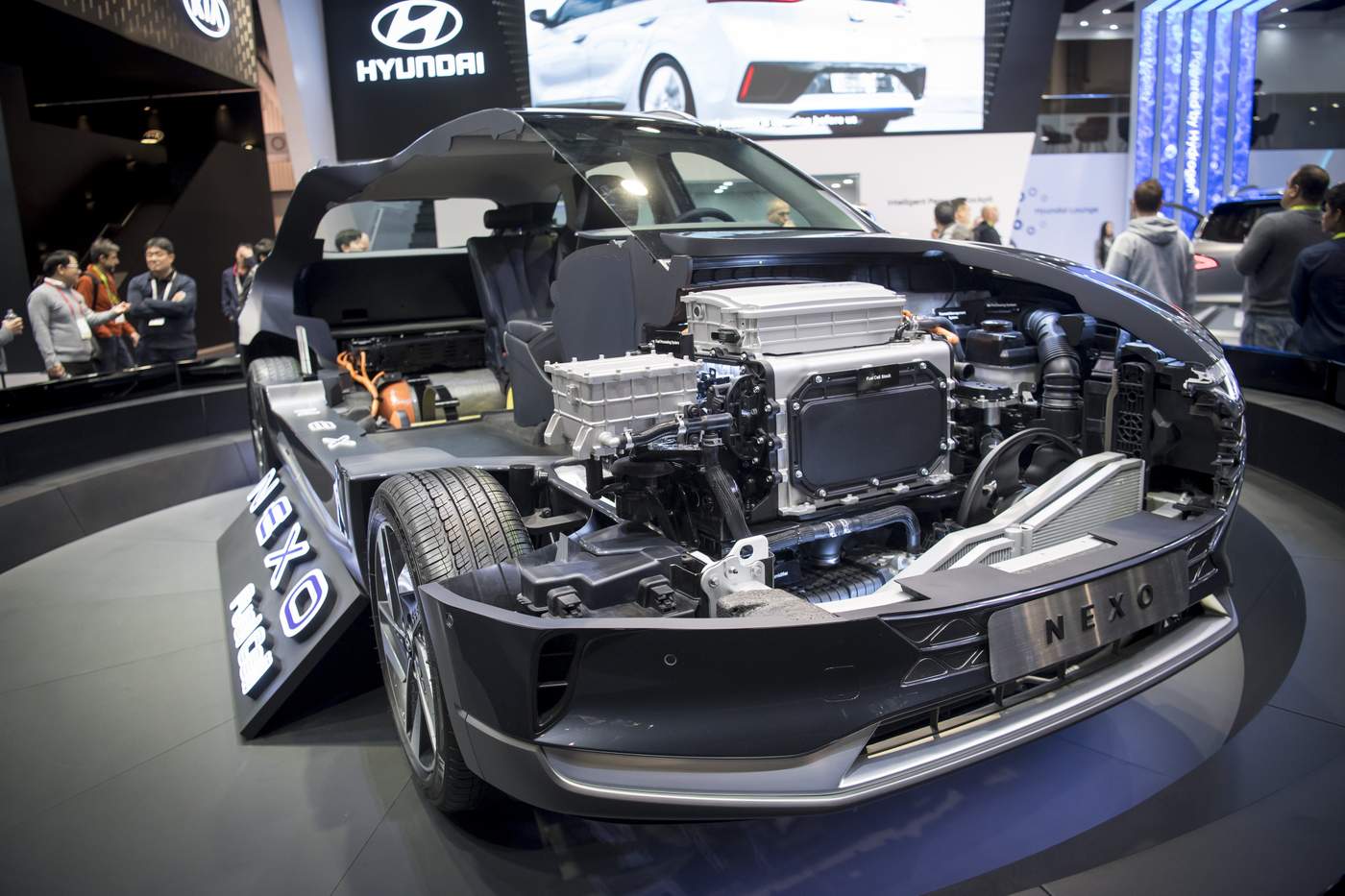 A Hyundai Nexo fuel cell car displayed during the Consumer Electronics Show in Las Vegas this month. Electric and driverless cars will remain a big part of the technology sector this year, as makers of high-tech cameras, batteries, and AI software vie to climb into automakers&#39; dashboards. Photo: Bloomberg