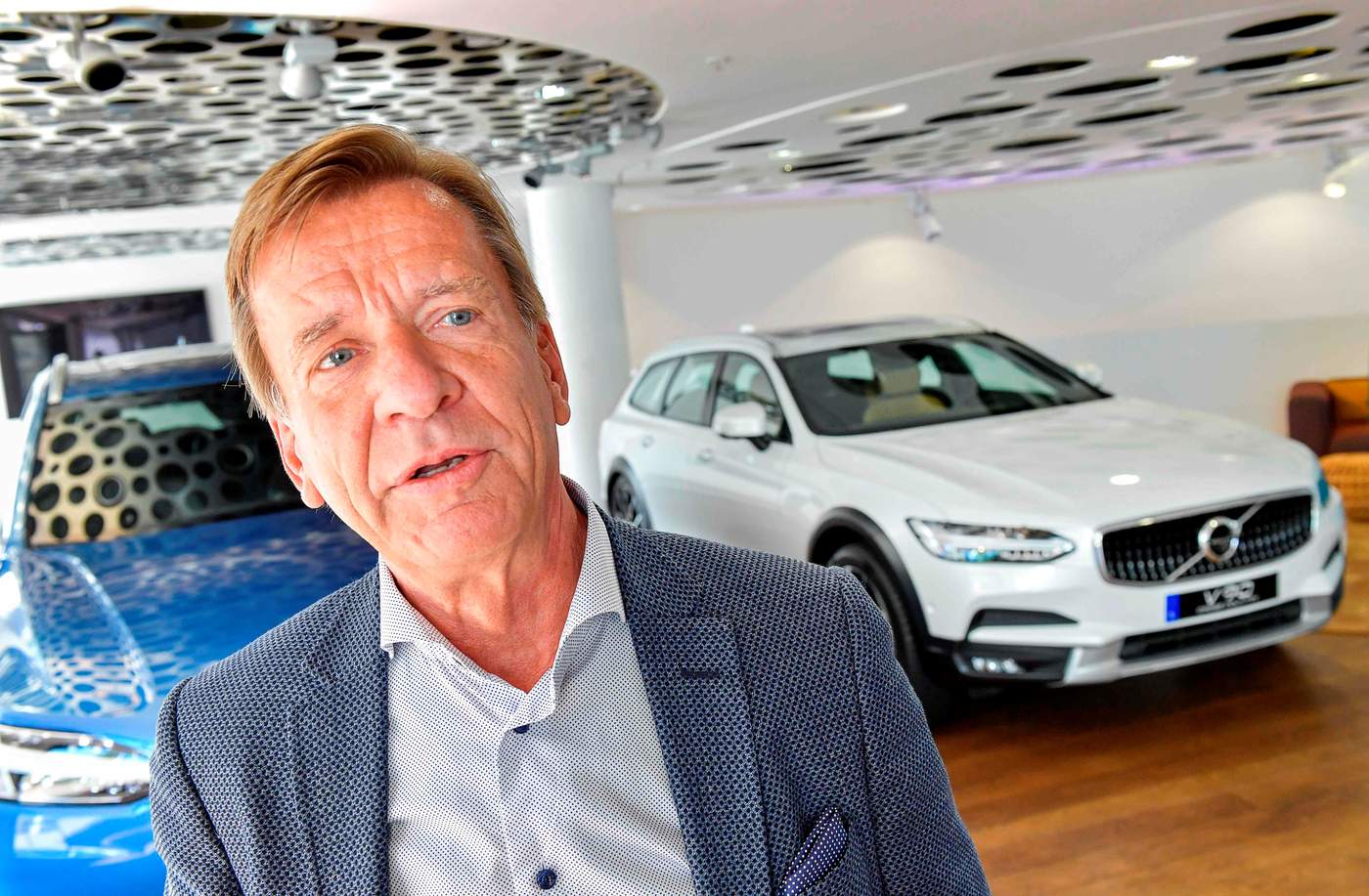 Volvo Cars chief executive Hakan Samuelsson speaks during an interview at the Volvo Cars Showroom in Stockholm, Sweden, in July. Samuelsson said that all Volvo cars will be electric or hybrid within two years. The Chinese-owned automotive group plans to phase out the conventional car engine. Photo: AFP
